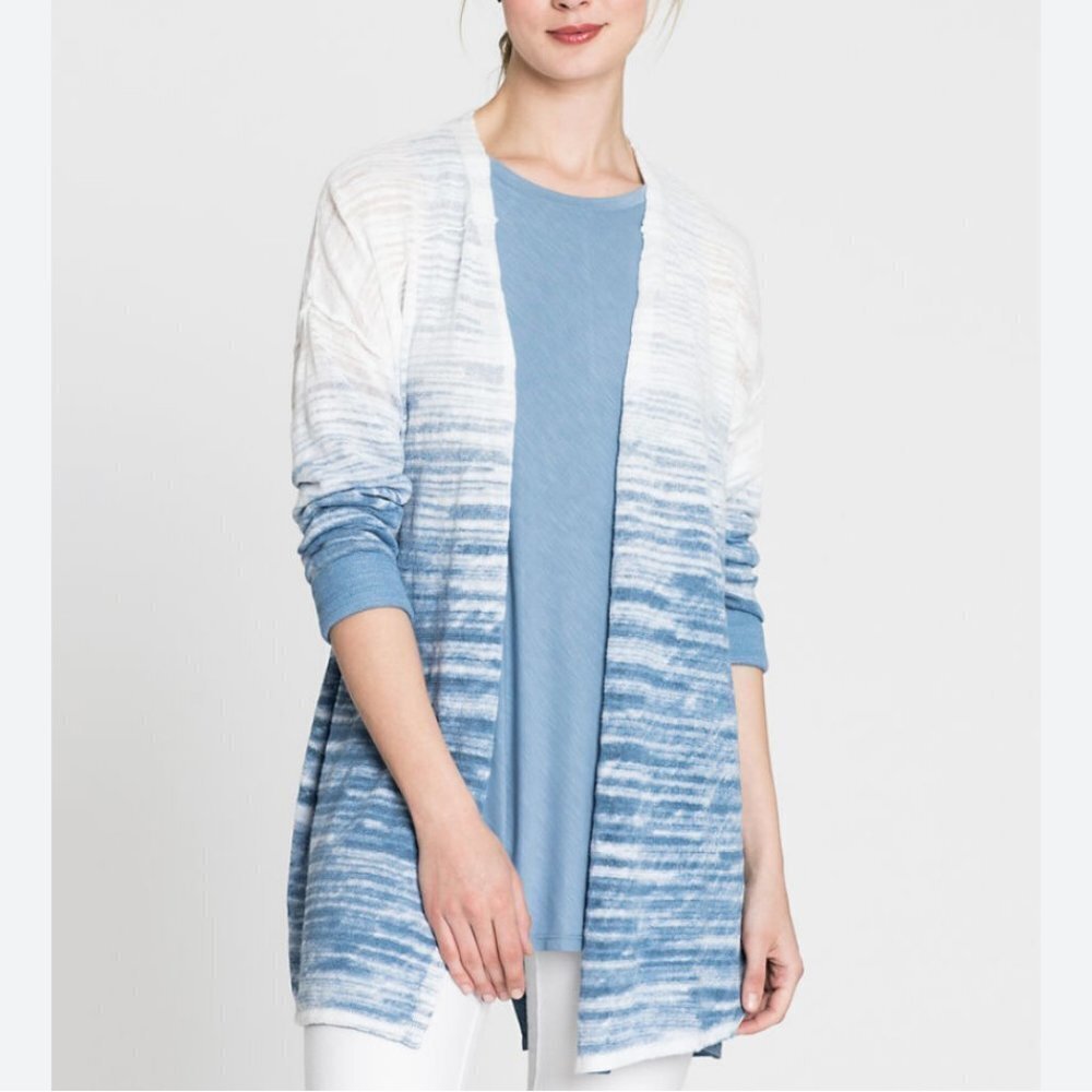 Nic + Zoe Blue White Open Breeze Linen Cotton Ombre Long Sleeve Cardigan Medium